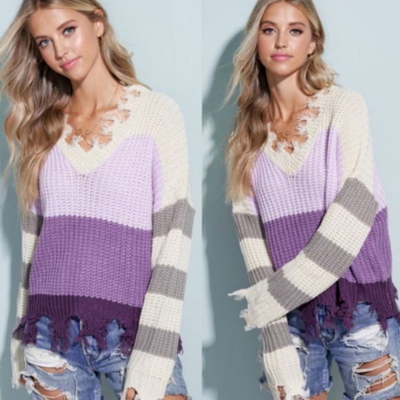 030 Vibrant Color Block Frayed V neck Sweater Top - Picture 5 of 5